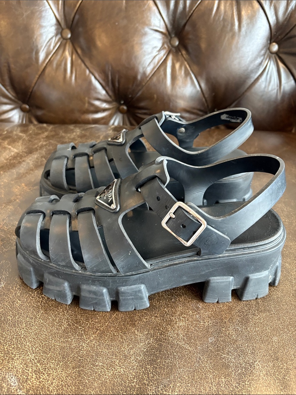Prada Black Chunky Platform Fisherman Sandals with Silver Buckles Size 38